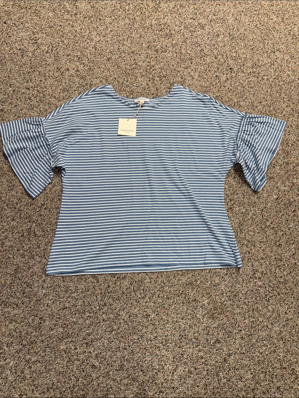 beachlunchlounge Blue and White Striped Ruffle Sleeve Top
